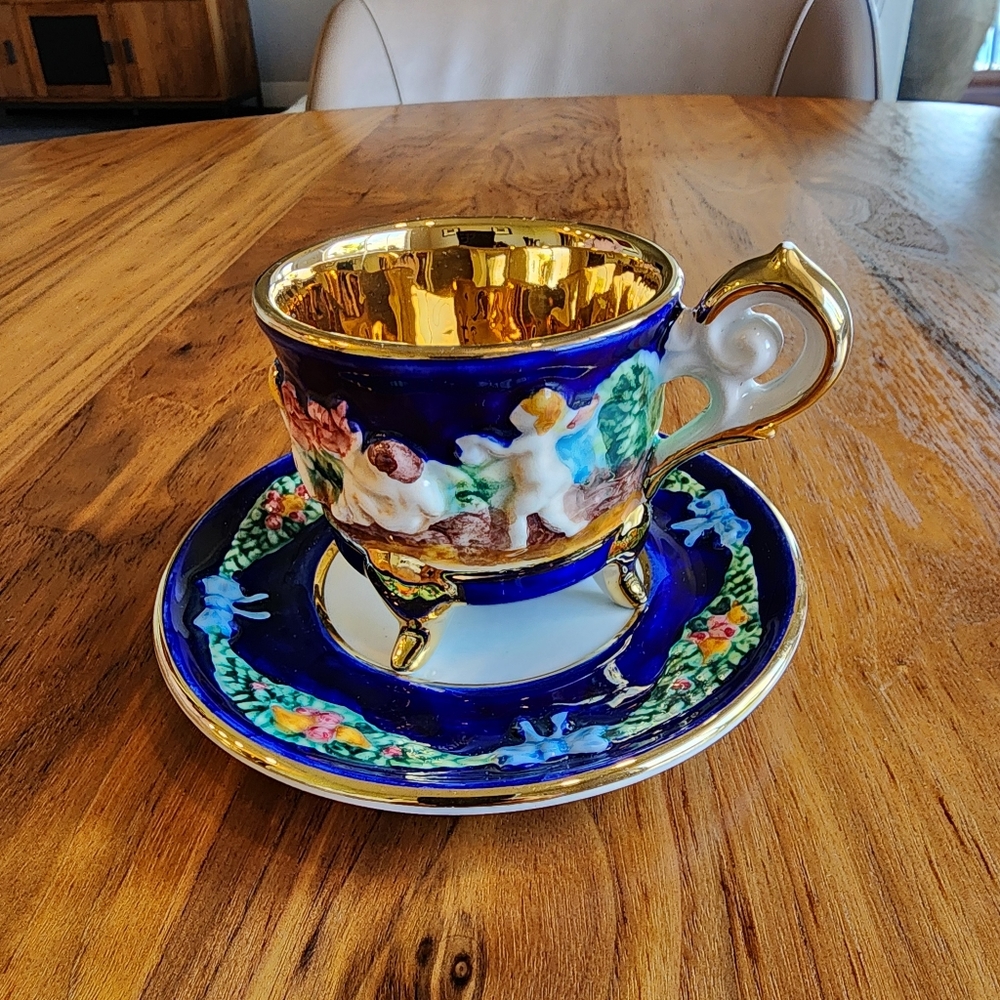 Rare Capodimonte Cobal Blue & Gold Cherub Footed Tea Cup and Saucer